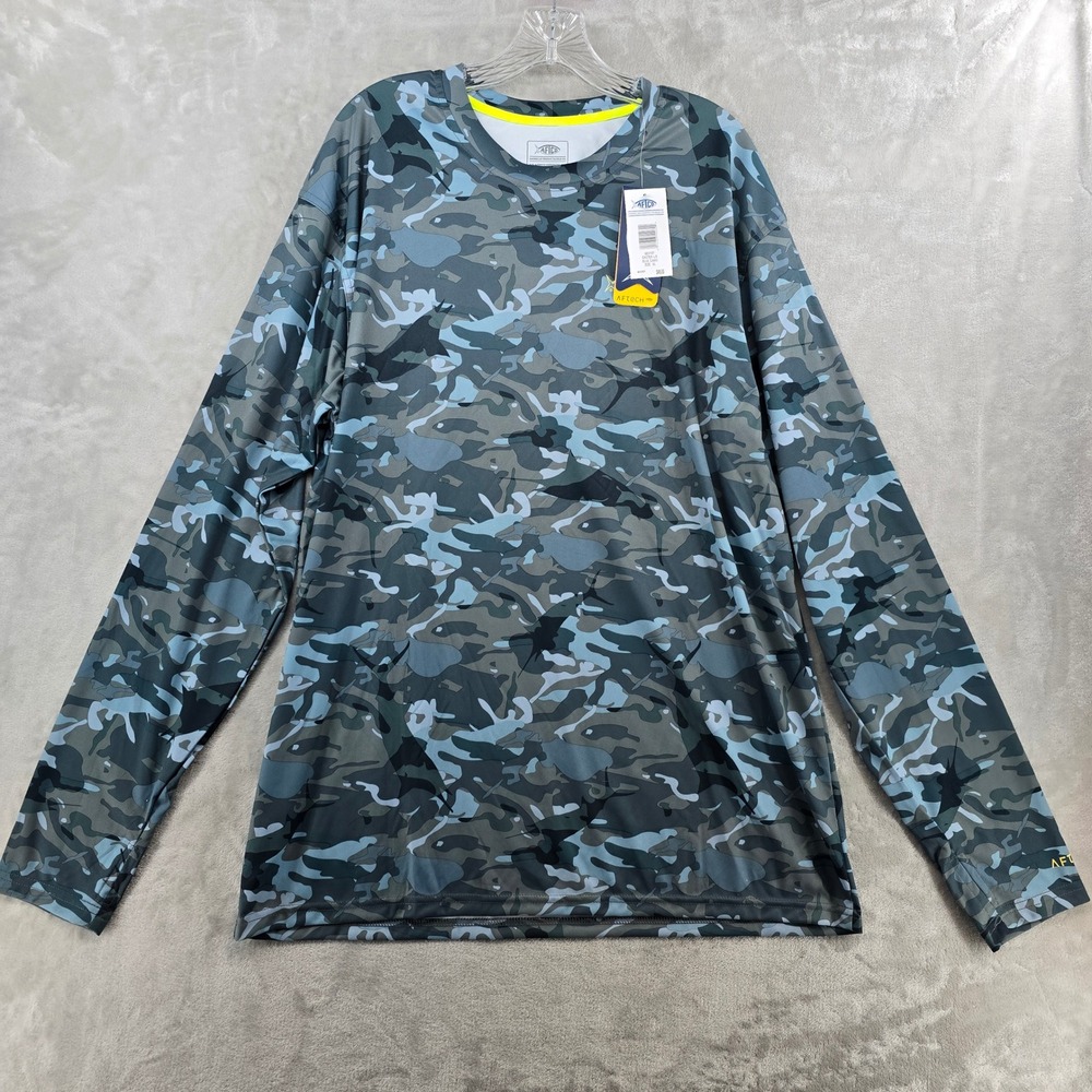NWT AFTCO Mens XL Caster LS Shirt Blue Camo AFTECH Performance Fishing